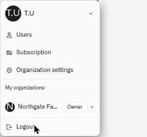 The user menu open in the sidebar with Users, Subscription and Organization settings above a My organizations list