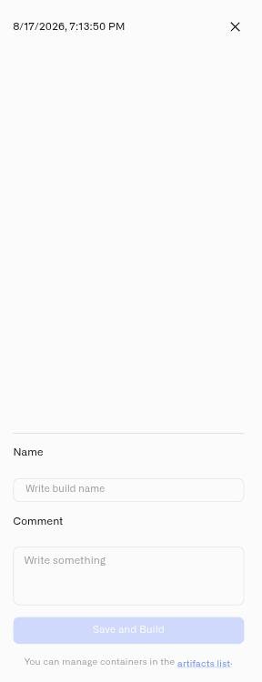 The build sidebar with the build name and comment fields and the Save and Build action
