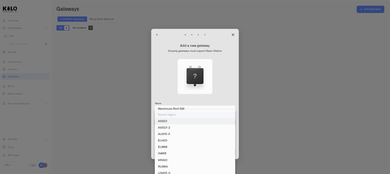 The region dropdown open, listing the available LoRaWAN bands
