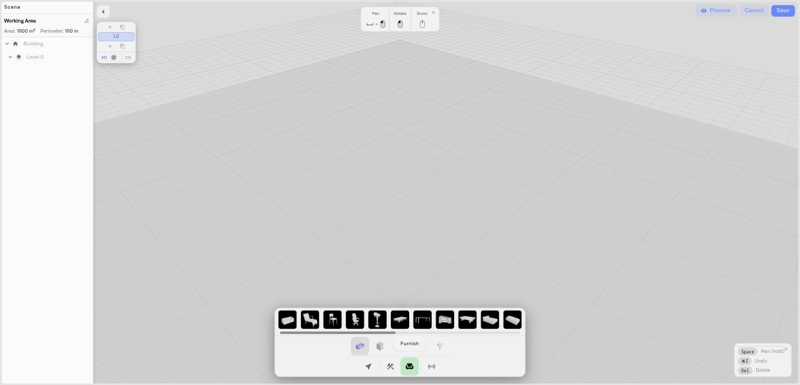 The Furnish mode open, with the category tabs and the scrollable strip of object thumbnails above the mode toolbar