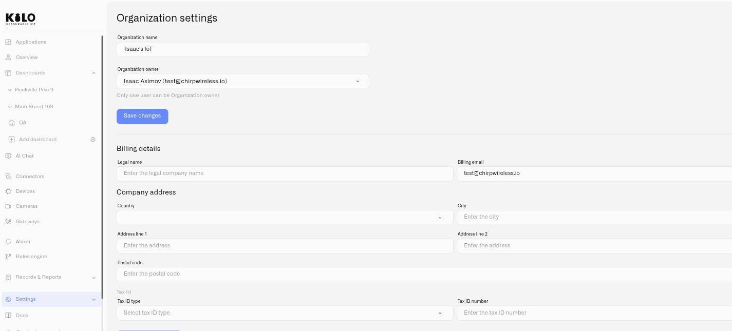 The Billing details section of Organization settings, with legal name, billing email, company address and tax ID