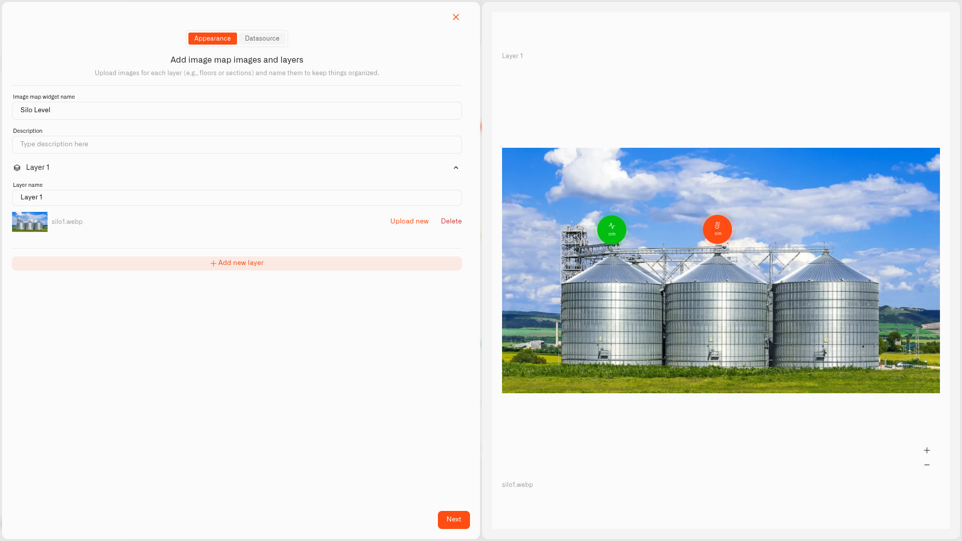 Image Widget configuration — a photo of silo tanks with sensor pins, beside the live preview