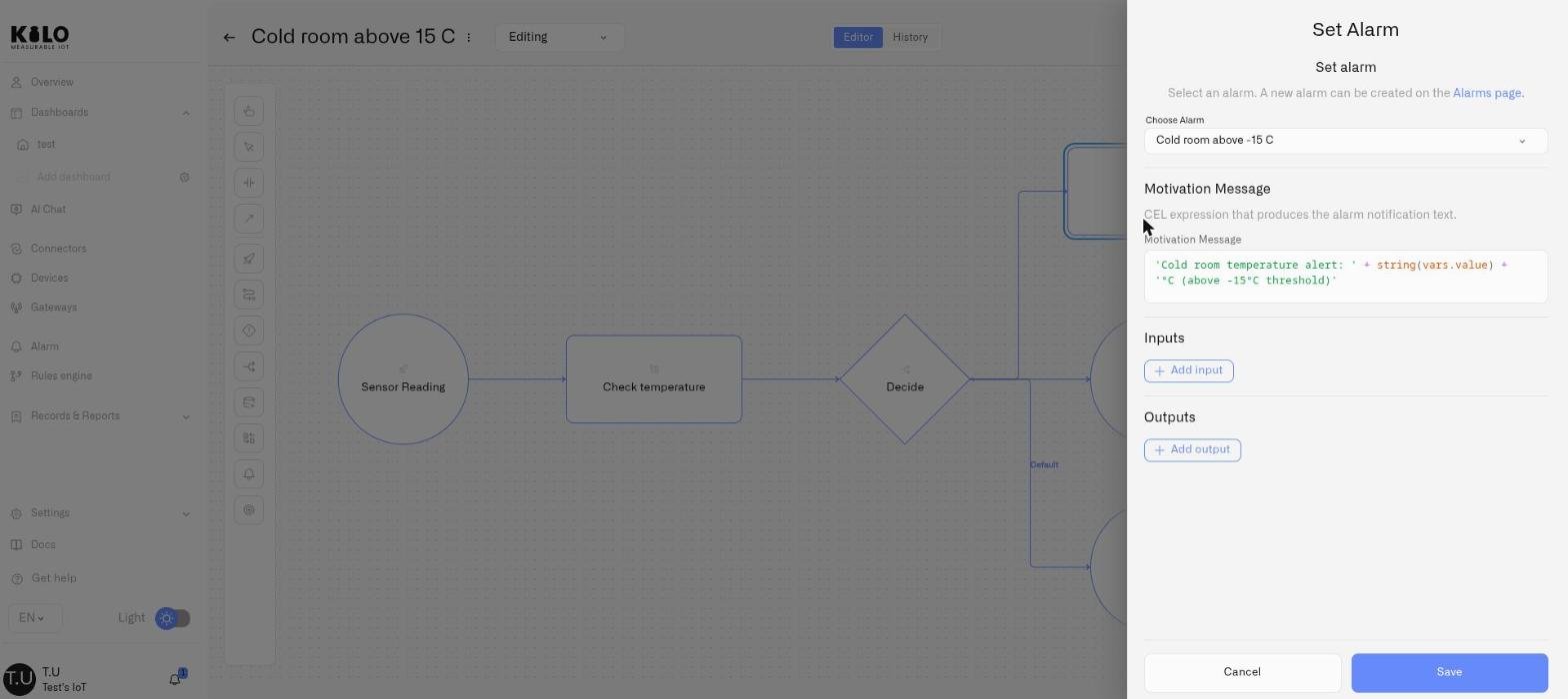 The Set Alarm properties panel with the alarm selector, the CEL motivation message, and the Inputs and Outputs sections