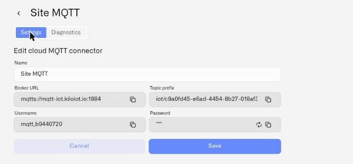 The Settings tab of a Cloud MQTT connector, with the password masked and a regenerate button beside it