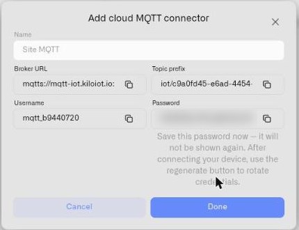 A newly provisioned Cloud MQTT connector showing the broker URL, topic prefix, username and one-time password with copy buttons