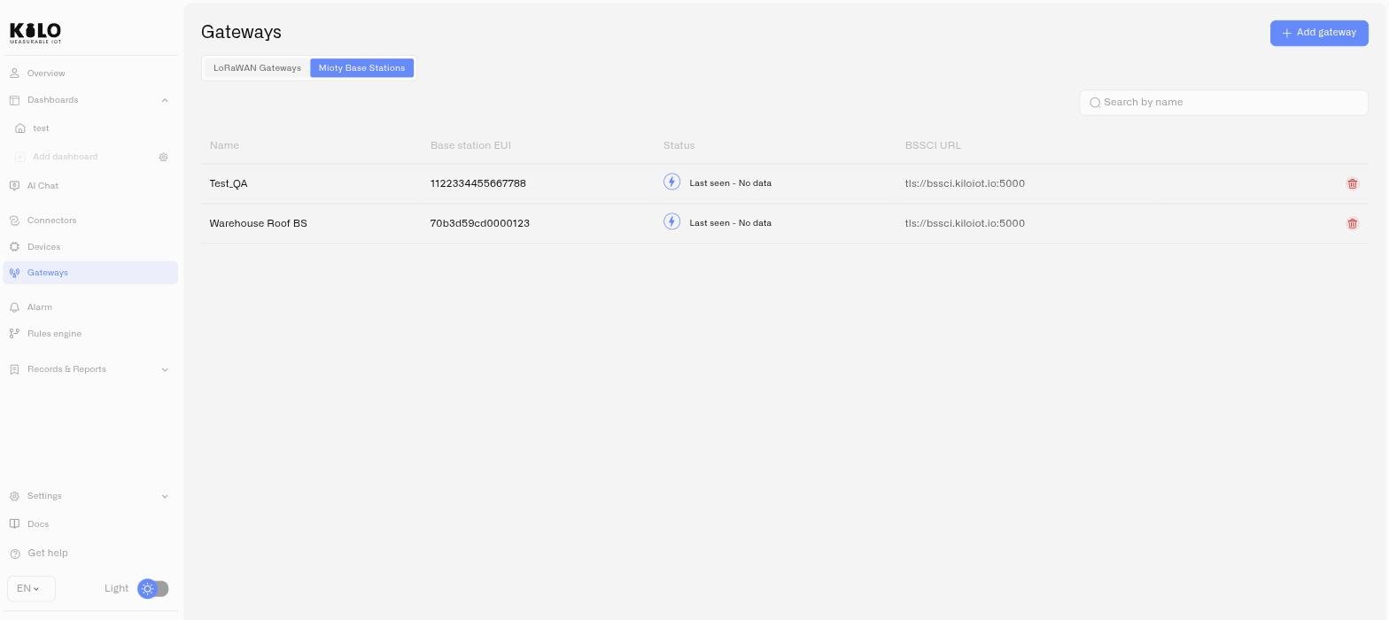 The Mioty Base Stations tab listing stations with their EUI, status and BSSCI URL