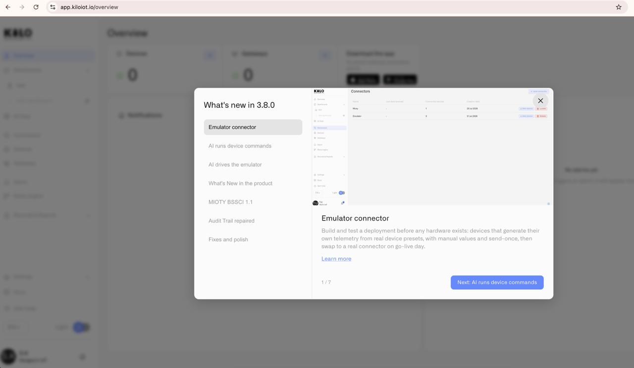 The What's New panel in the product, showing the 3.8.0 releases with a screenshot, description and a Learn more link