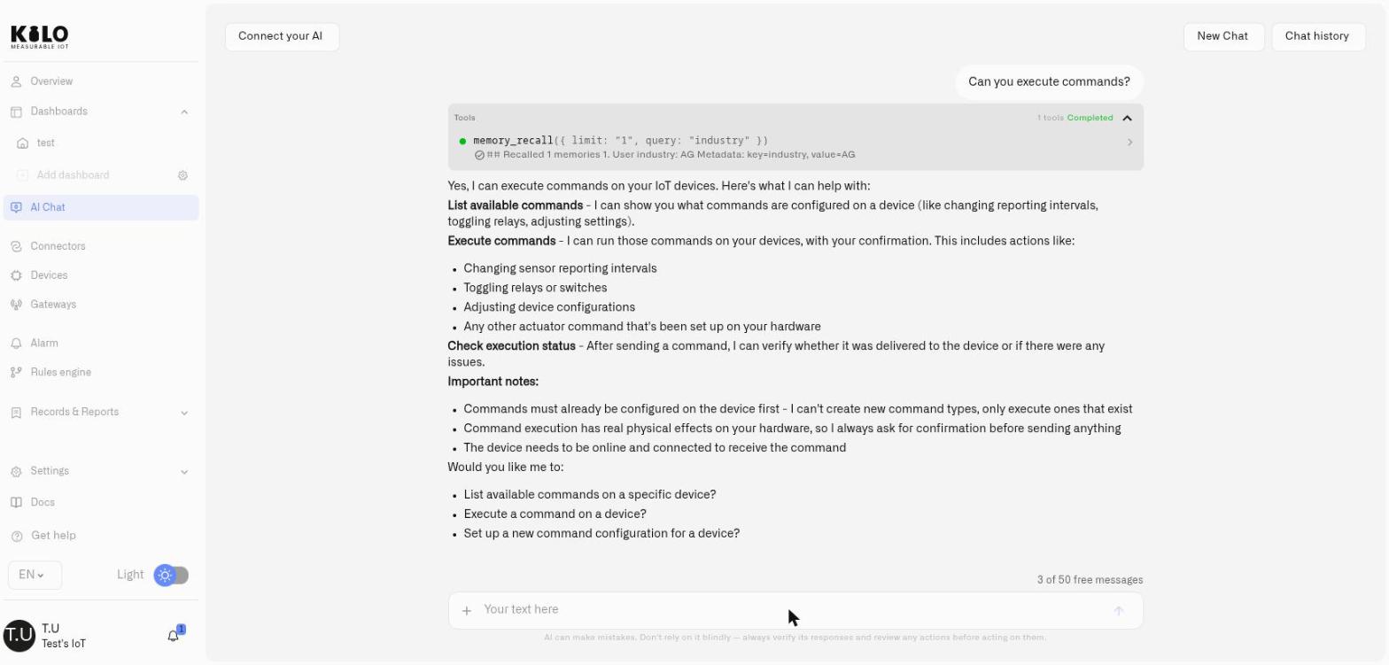 The Kilo AI assistant explaining that it can list, execute and check the status of device commands