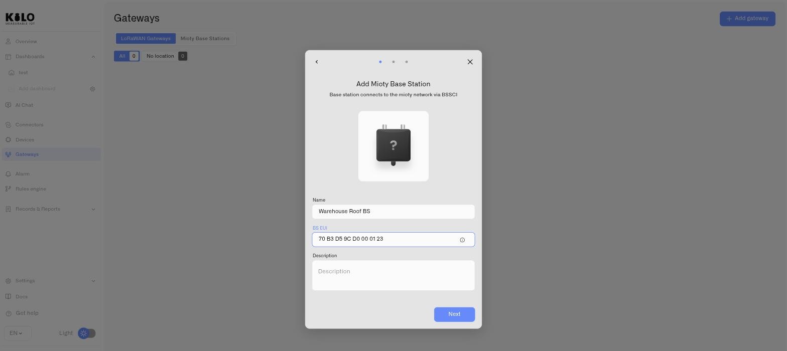 Step one of the Add Mioty Base Station wizard with the name and BS EUI filled in