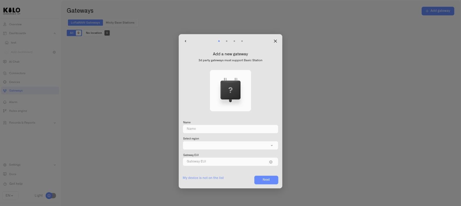 The Add a new gateway step with the Name, Select region and Gateway EUI fields