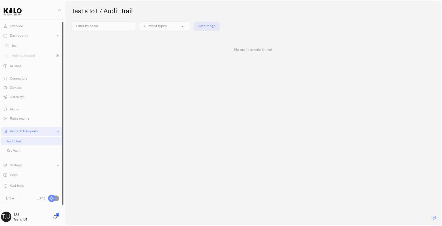 The Audit Trail page with its actor filter, event type dropdown and date range control above the event list