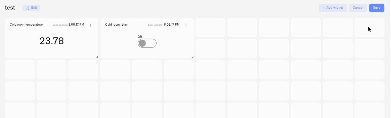 A dashboard in edit mode, showing the placement grid with a widget positioned and the Add widget, Cancel and Save controls