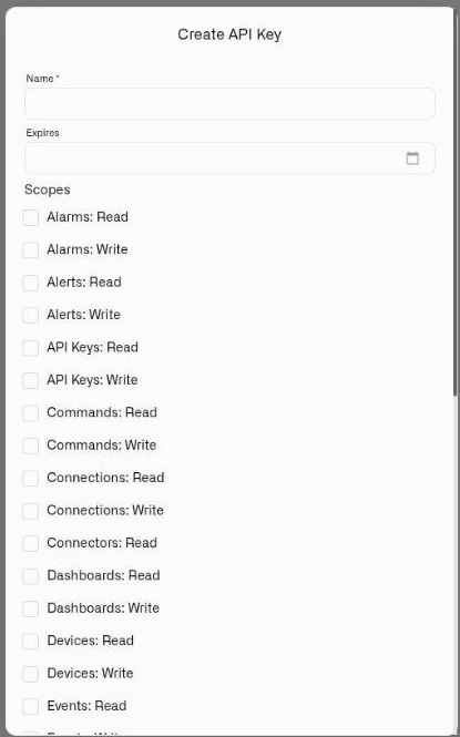The Create API Key dialog with the name and expiry fields above the list of read and write scopes